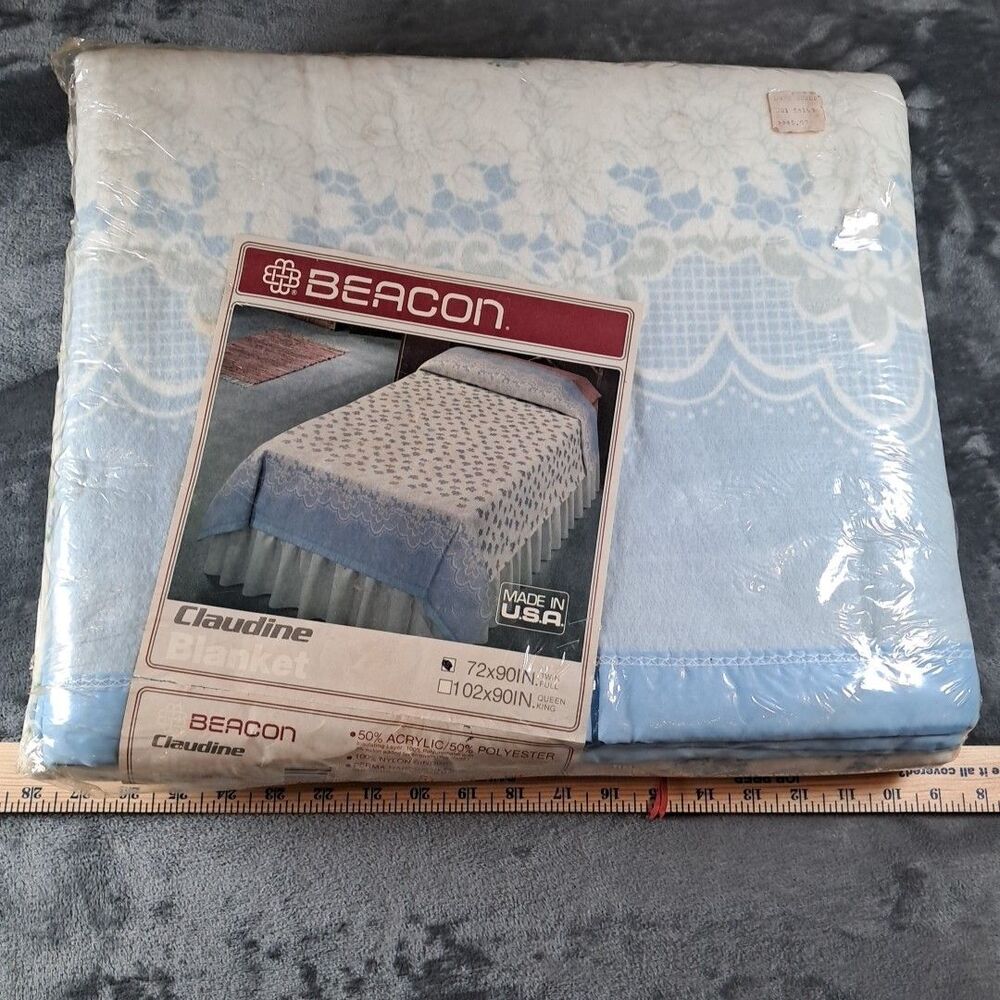 Vintage Beacon Blue Flower  Claudine Blanket Made In USA 72 X 90 Granny Core